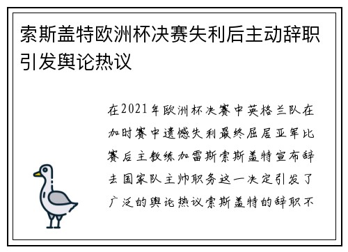 索斯盖特欧洲杯决赛失利后主动辞职引发舆论热议
