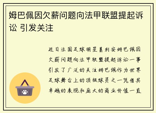 姆巴佩因欠薪问题向法甲联盟提起诉讼 引发关注