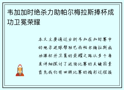 韦加加时绝杀力助帕尔梅拉斯捧杯成功卫冕荣耀